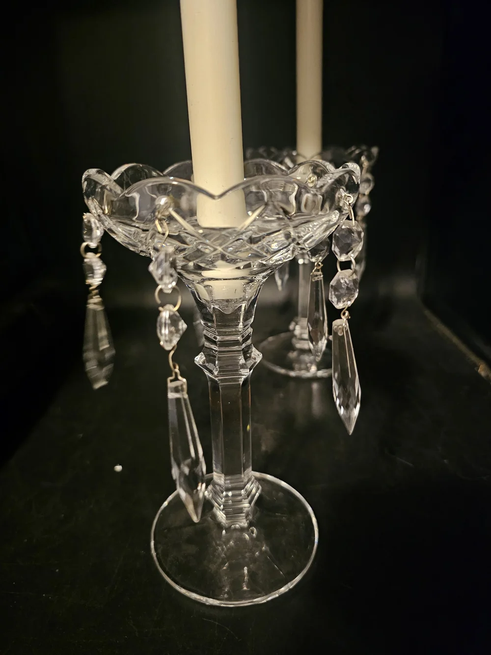 Unique Vintage Clear Crystal Candle Holders with Hanging Prisms